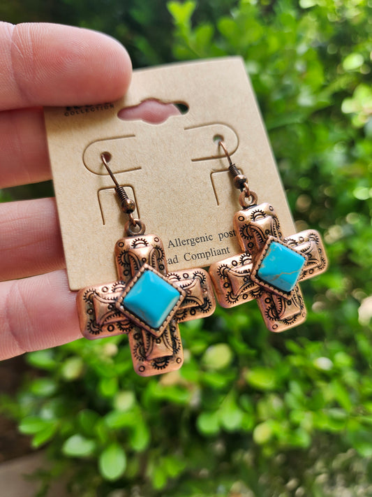 Bronze turquoise cross earrings