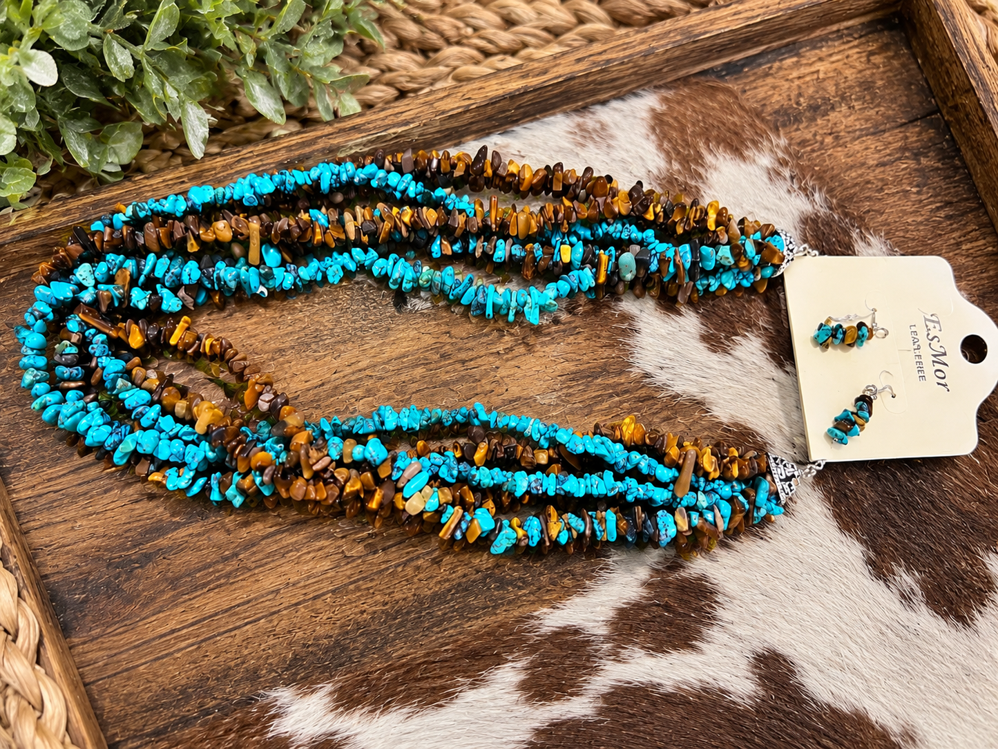 Little brown & turquoise rock 3 strand necklace