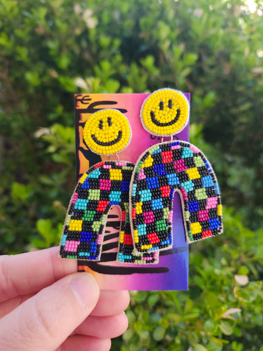 Black checkered smiley face earrings