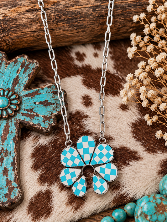 Turquoise and white checkered necklace