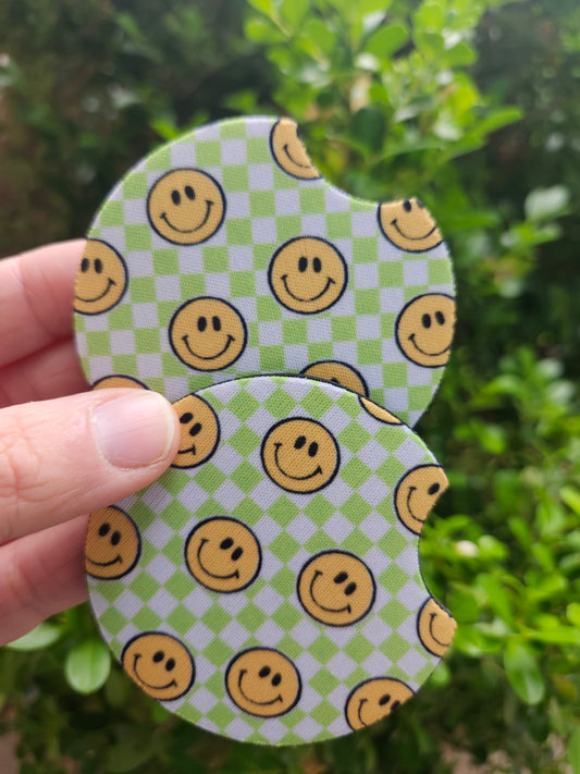 Lime green smiley car coaster