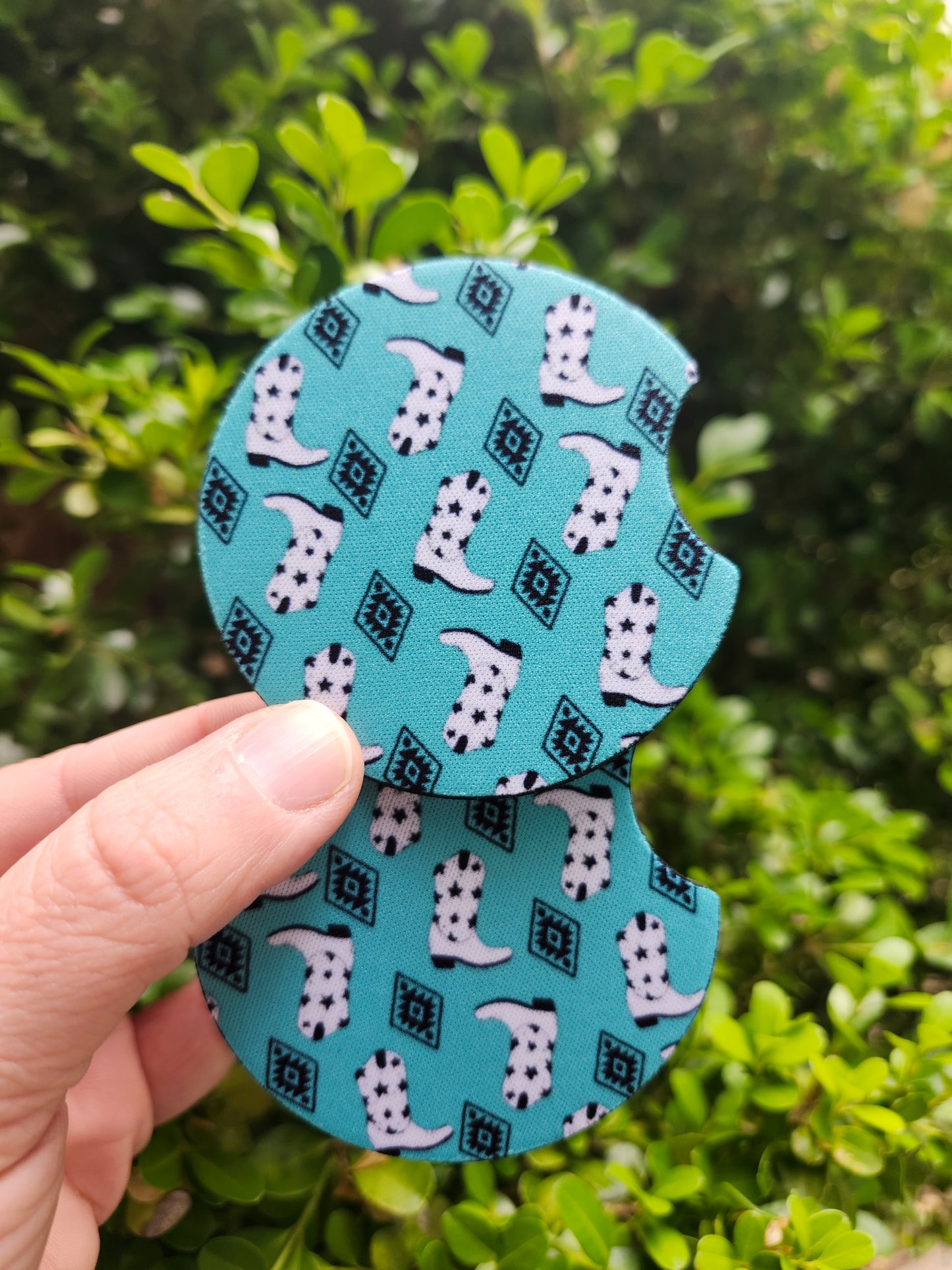 Turquoise white boots car coaster