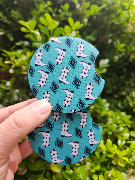 Turquoise white boots car coaster