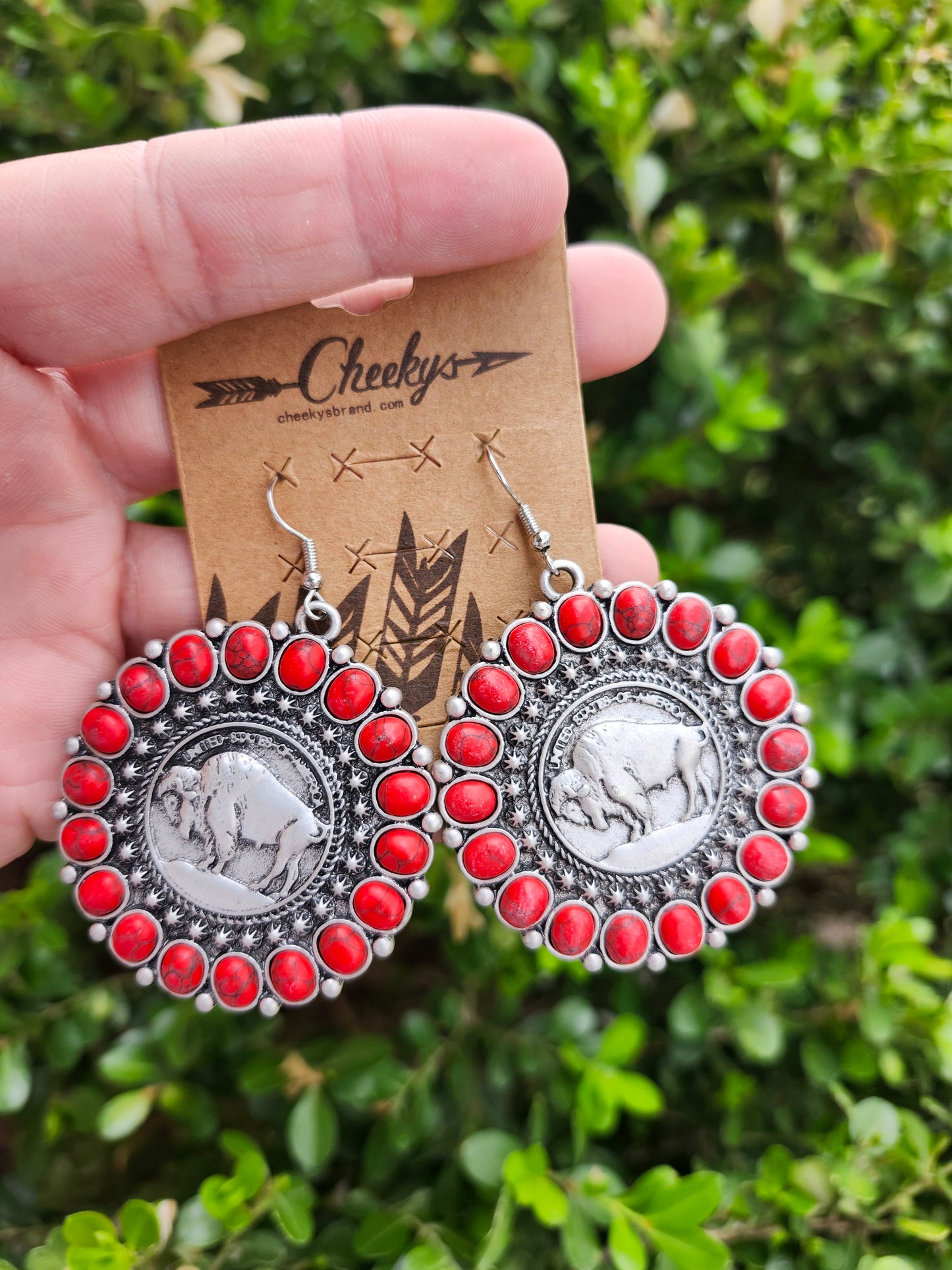 Red buffalo nickel earrings
