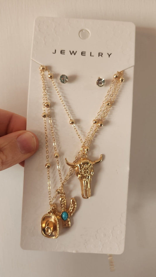 Gold cow cactus necklace