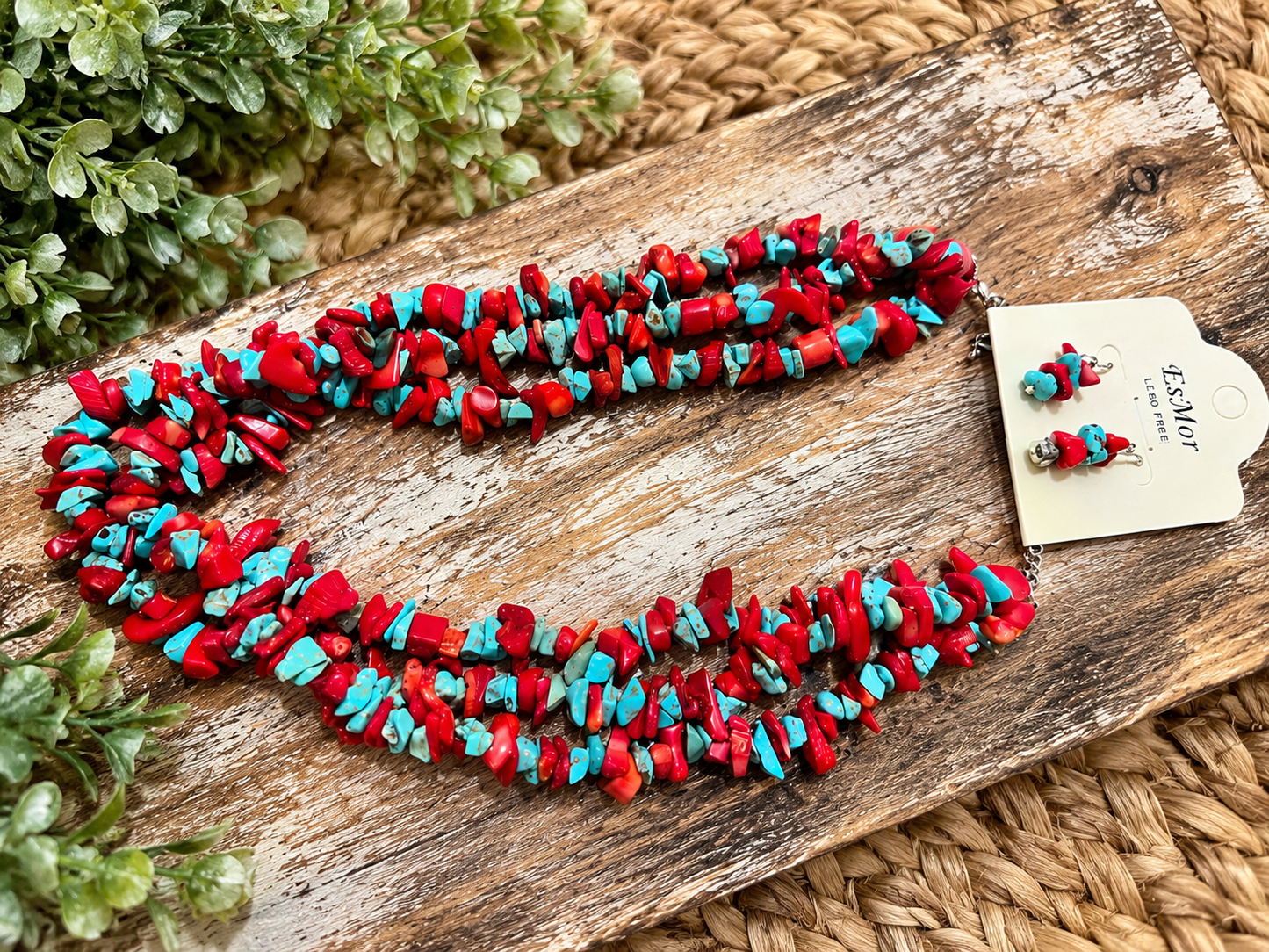 Little Red and turquoise rock 3 strand necklace