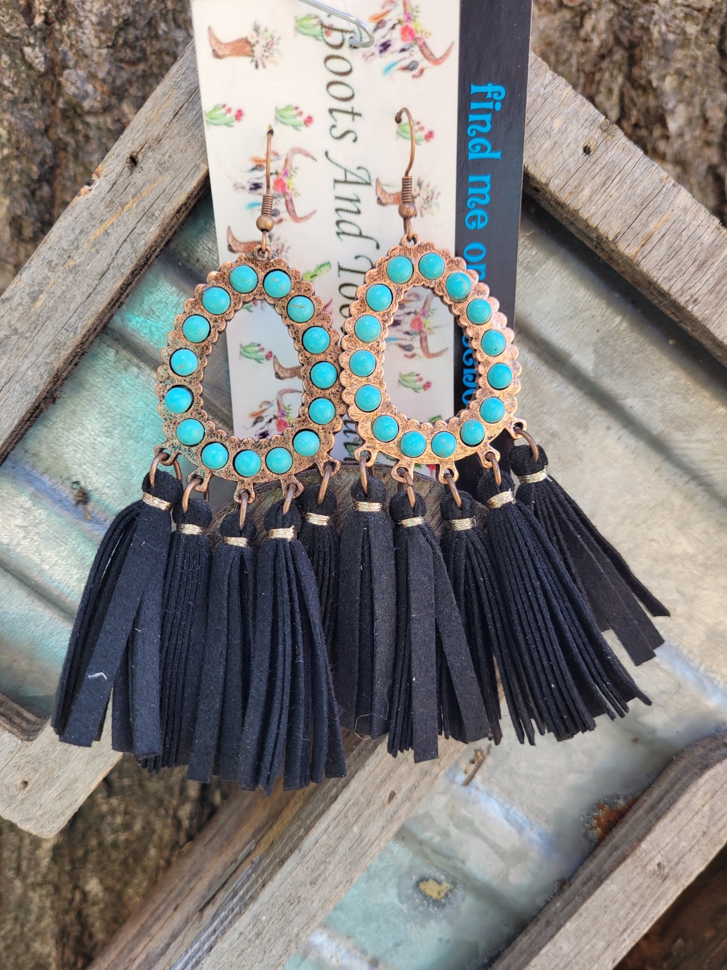 Bronze turquoise stone fringe earrings