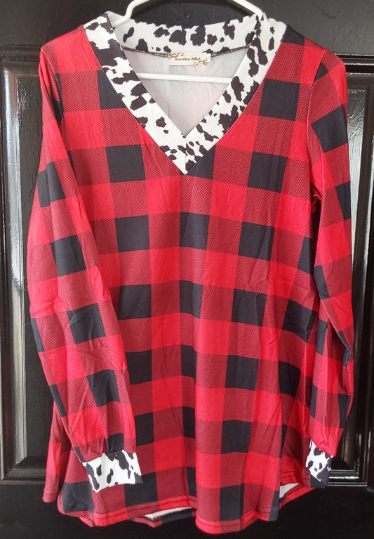 Red plaid cow print shirt