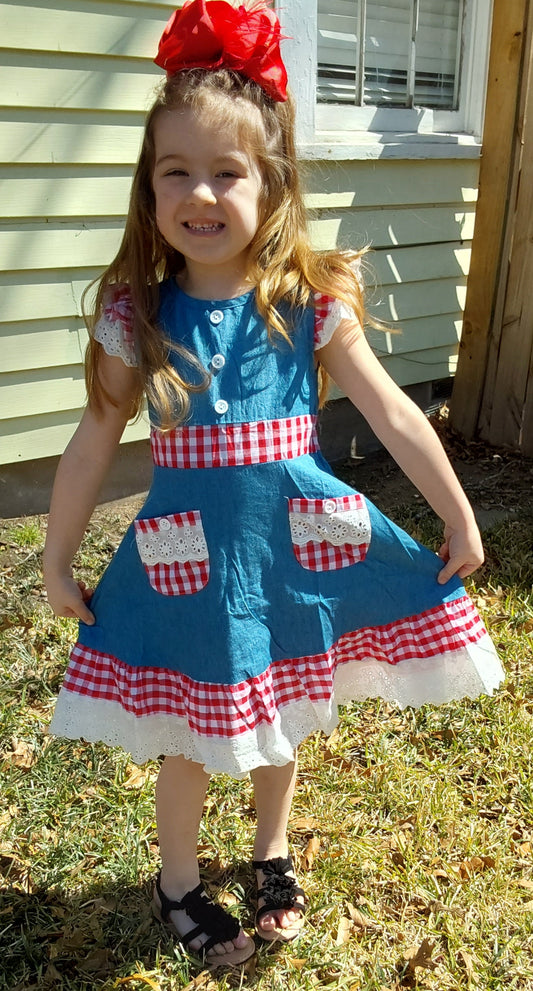 Red plaid denim lace dress