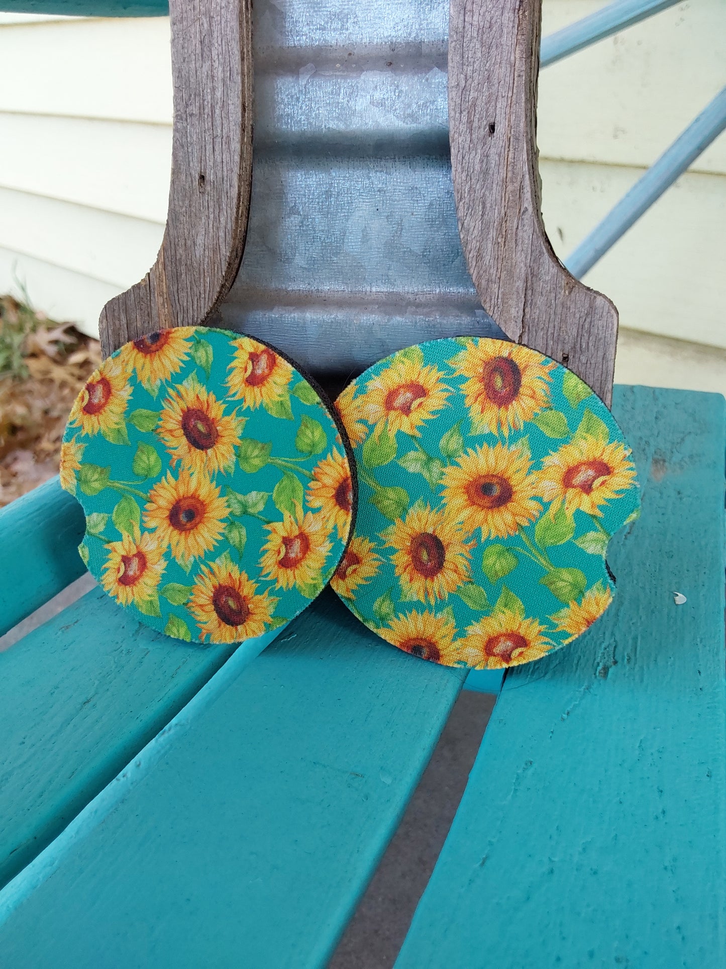 Turquoise sunflower car coasters