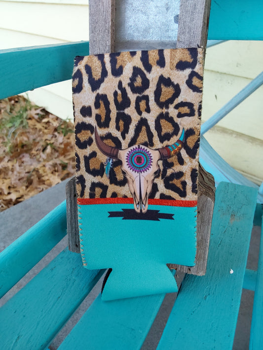 Cheetah cow skull slim can koozie