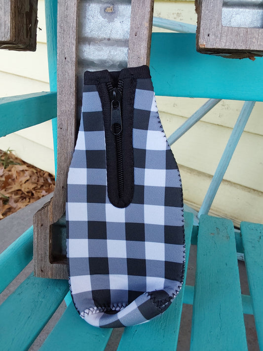 Black and white plaid bottle koozie