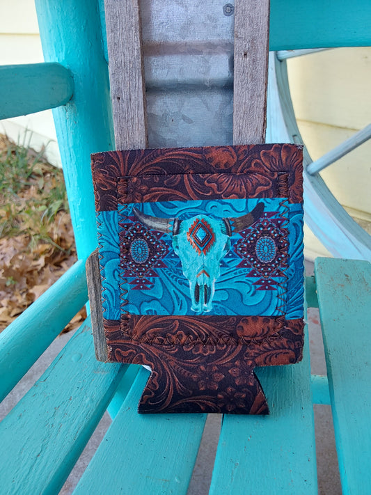 Turquoise tool cow skull pocket small can koozie