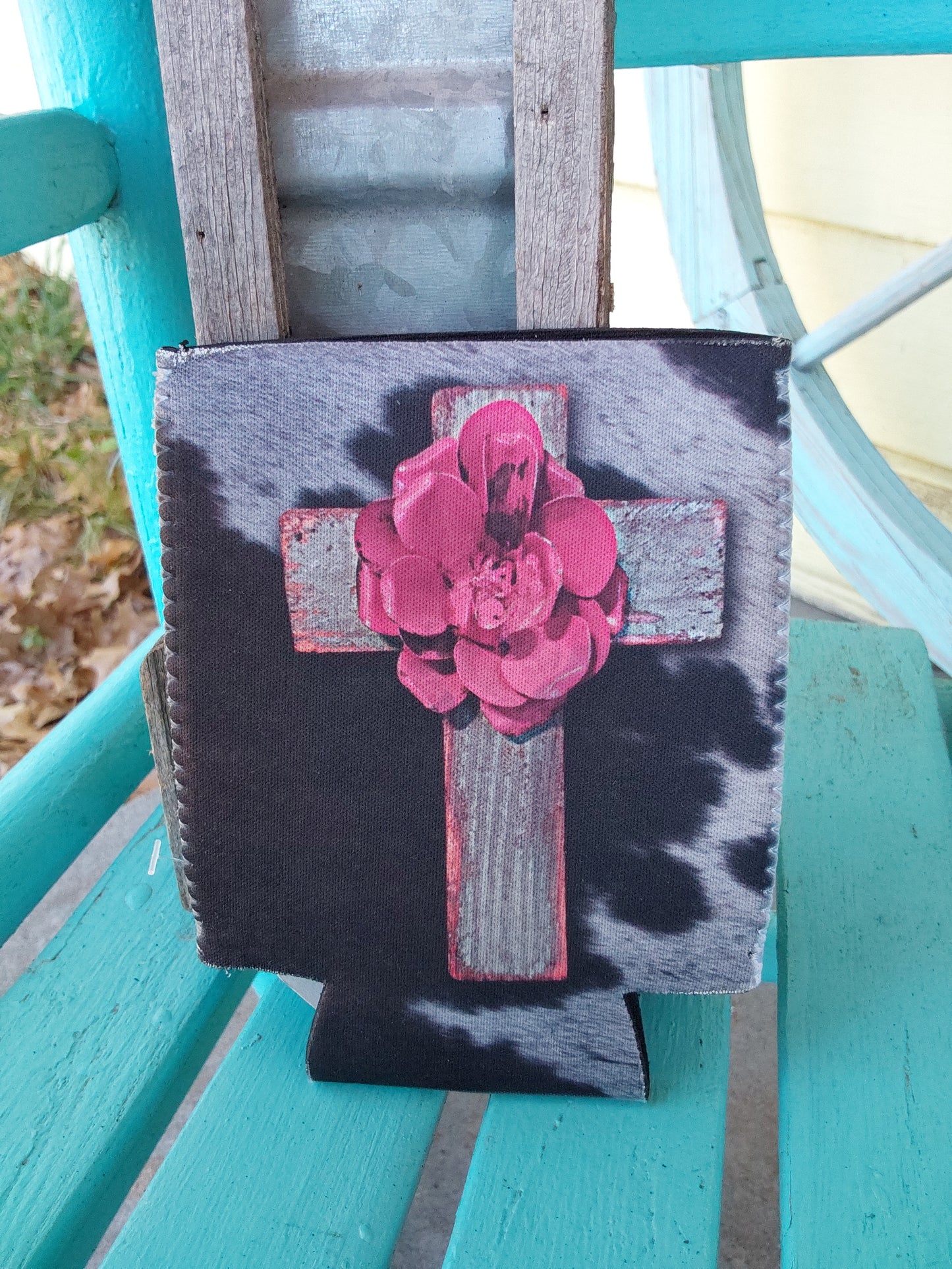 Cowhide cross with flower small cam koozie