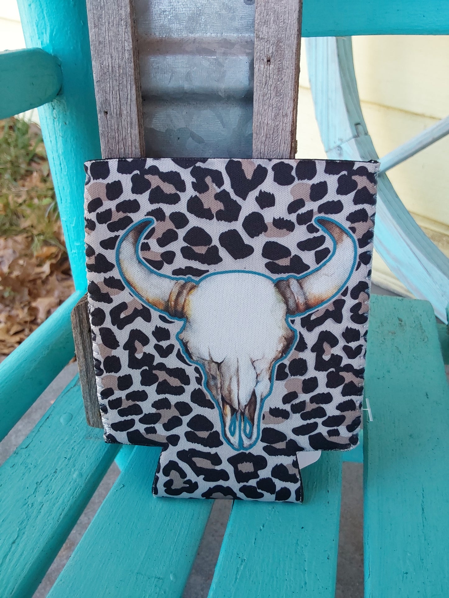 Cheetah cow skull small can koozie