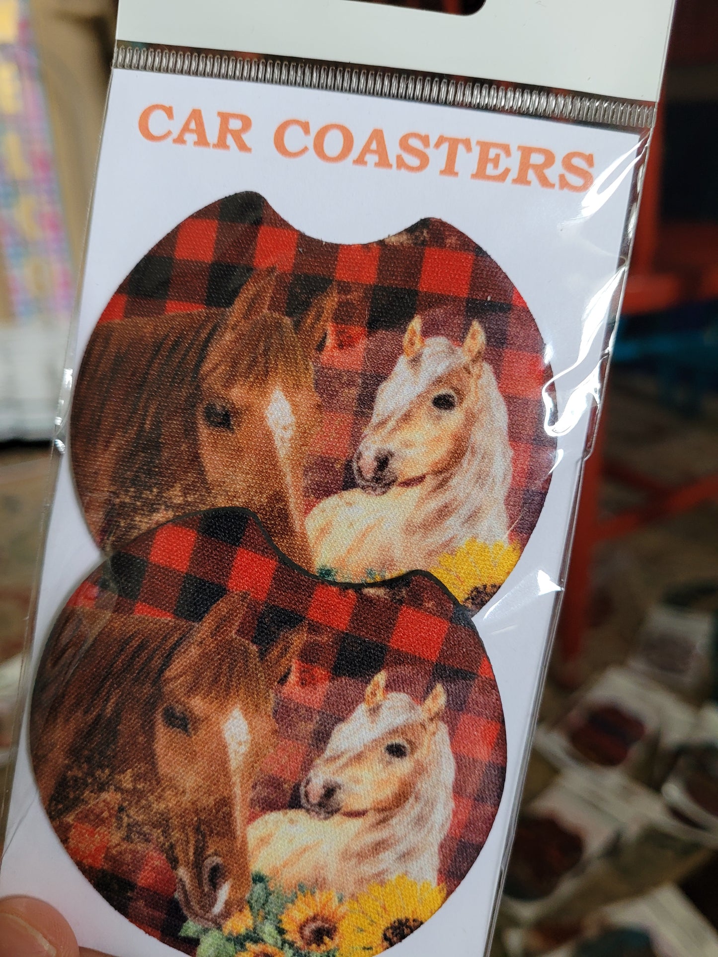 Red plaid horses car coaster