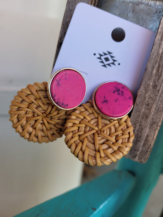 Pink circle bamboo earrings