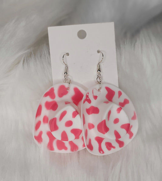 Pink cow print cowboy hat earrings