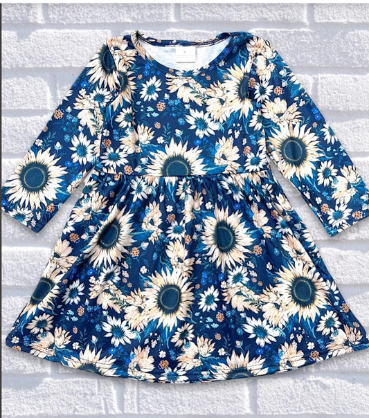 Dark bkue white sunflower dress